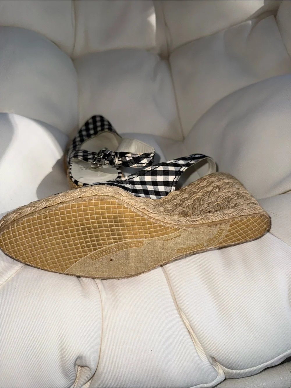 Stuart Weitzman Black & White Gingham Espadrille Wedge Slingbacks - Picture 5 of 7